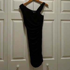 Rouched little black dress, bodycon, one shoulder